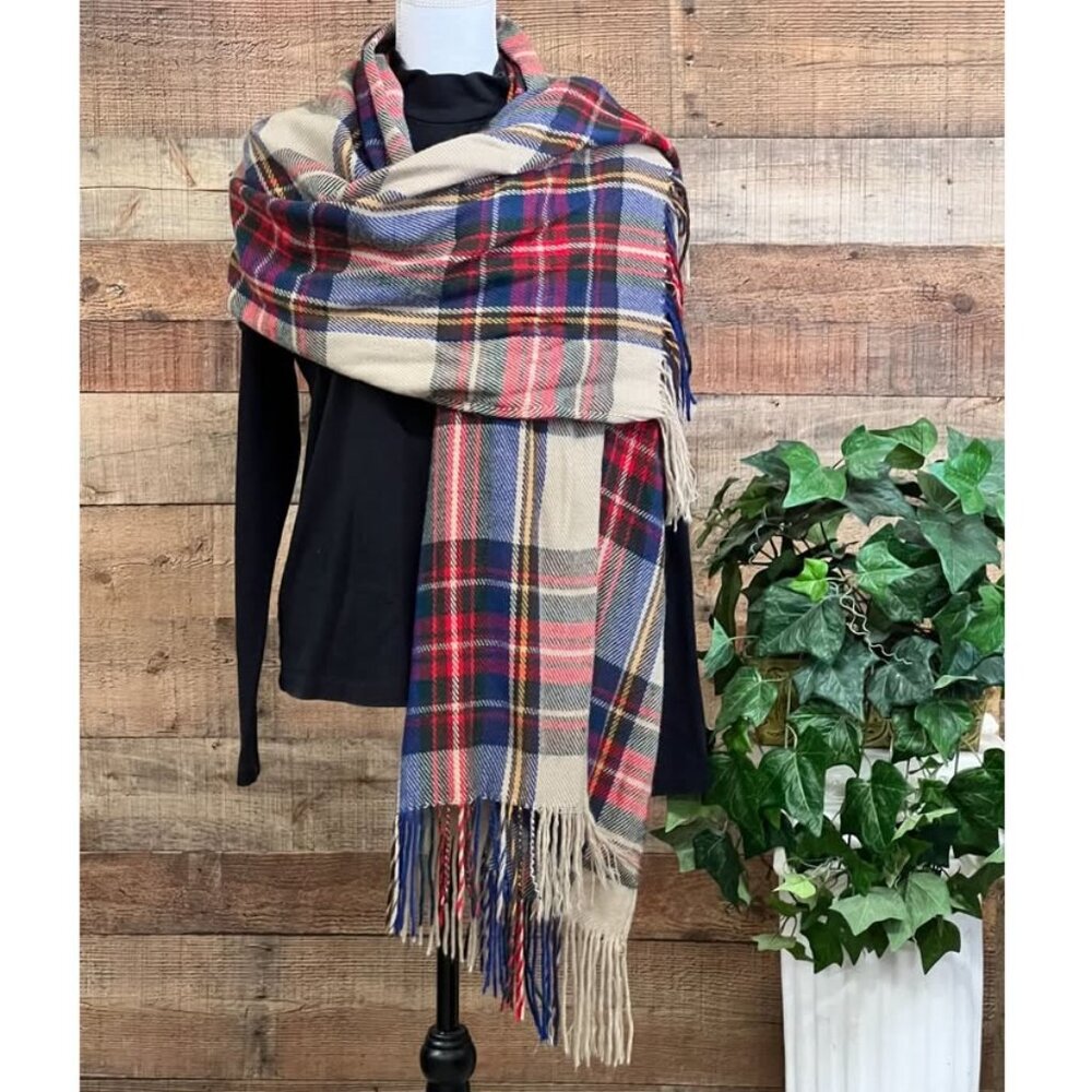 Blue Tan Red Gold Plaid Blanket Scarf